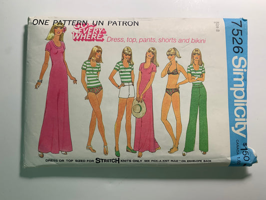 Simplicity 7526 Misses' Dress, Top, Pants, Shorts, Bikini, Size 8, Cut, Vintage 1976