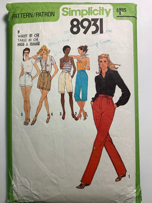 Simplicity 8931 Misses' Pants, Size 8, Cut, Vintage 1979