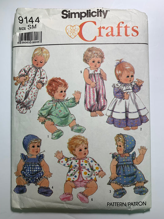 Simplicity 9144 Crafts Doll Clothes, Size 13"-18" Dolls, Cut, Vintage 1989