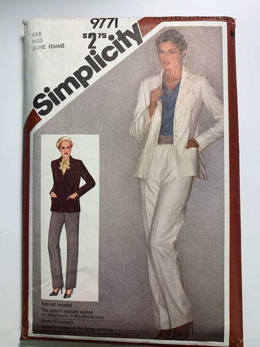 Simplicity 9771 Misses'/Misses' Petite Pants, Fitted Lined Jacket, zipper Back, Pockets, Collar,Size 6-8, Uncut, Vintage 1980
