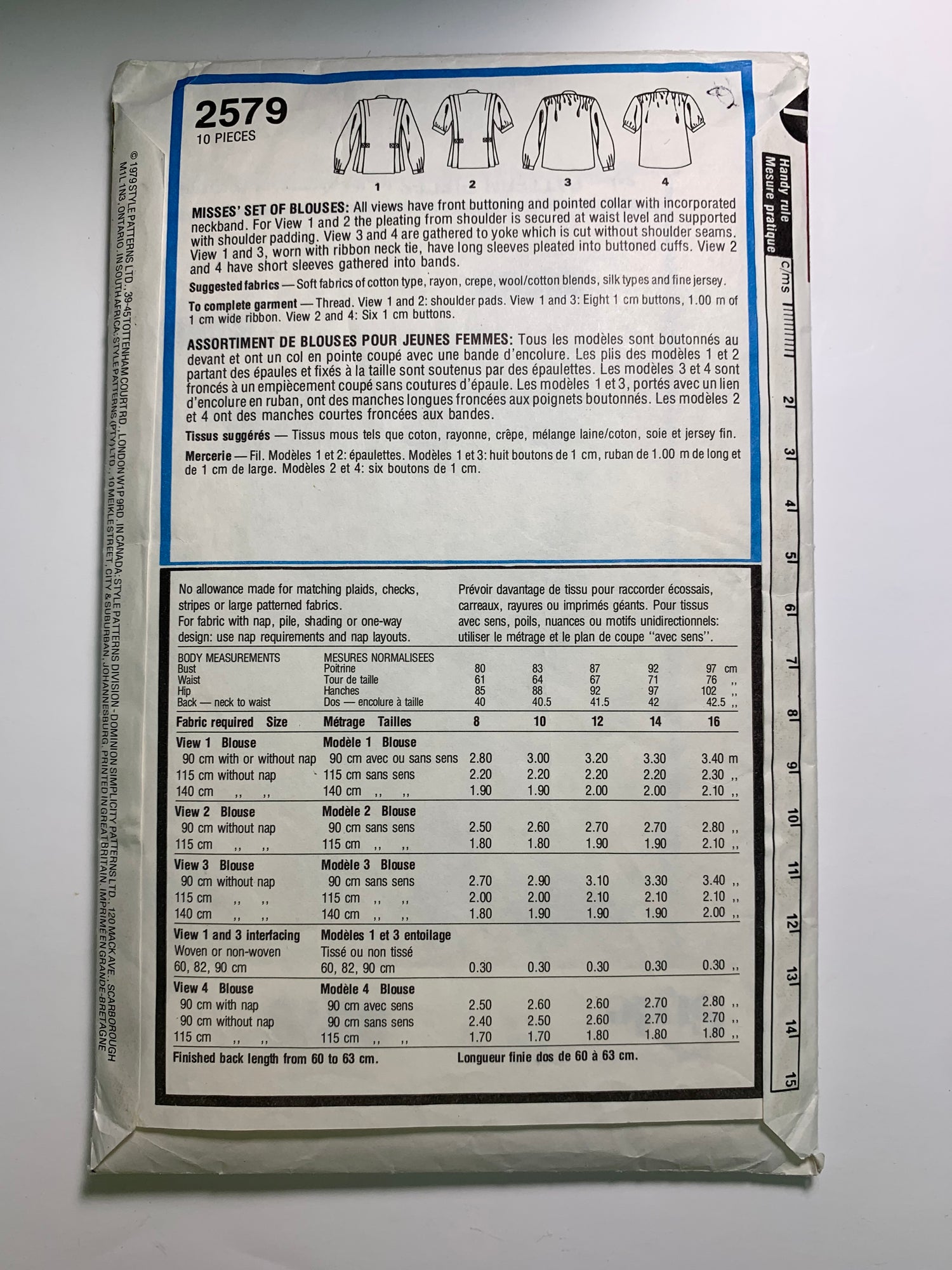 Style 2579 Misses' Blouses, Size 8, Cut, Vintage 1979