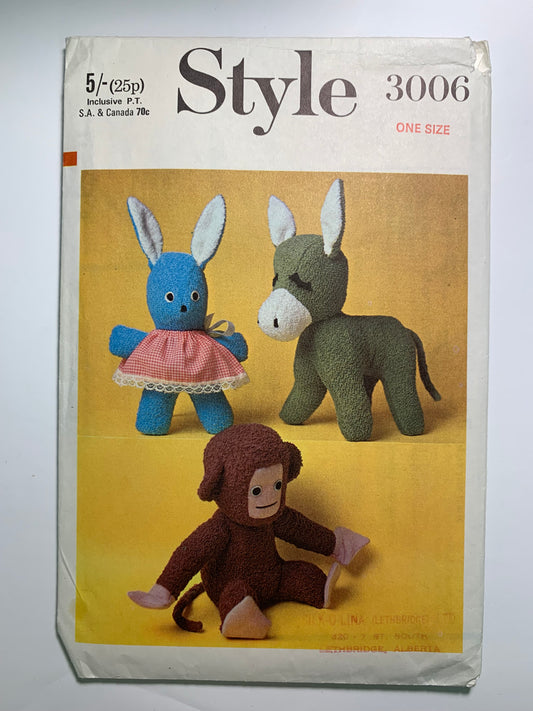 Style 3006 Stuffies, Donkey, Rabbit, Monkey, Size 8", 12", Cut, Vintage 1970