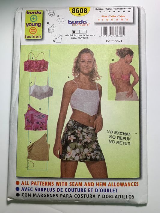 Burda Sewing Pattern 8608 Misses' Top, Halter, Shoulder Straps, 4 Variations, Close-Fitting, Size 6-18, Cut, 2016