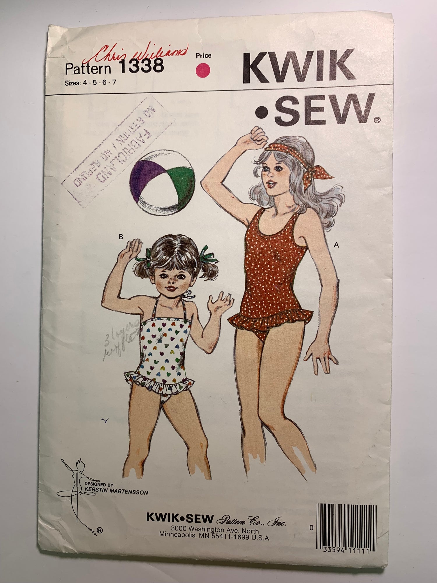 KWIK Sewing Pattern 1338 Girls' Swimsuit, One-Piece, Ruffles, Shoulder Straps, Neck Tie, Size 4-7, Uncut, Vintage 1984