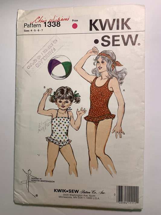 KWIK Sewing Pattern 1338 Girls' Swimsuit, One-Piece, Ruffles, Shoulder Straps, Neck Tie, Size 4-7, Uncut, Vintage 1984