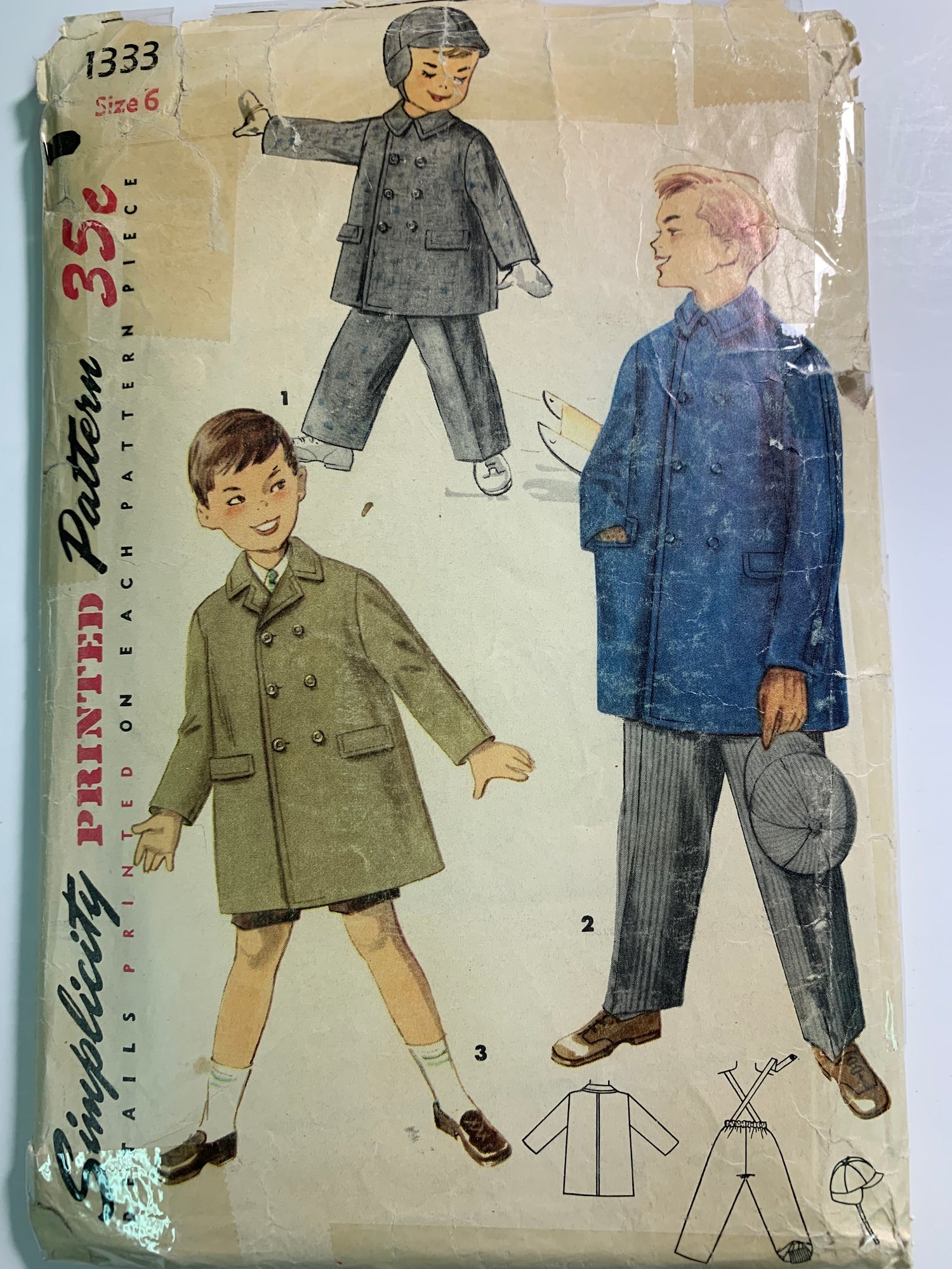 Simplicity Sewing Pattern 1333 Boys' Double Breasted Coat, Suspenders, Pull-On Pants, Peaked Hat, Size 6, Cut, Vintage 1960