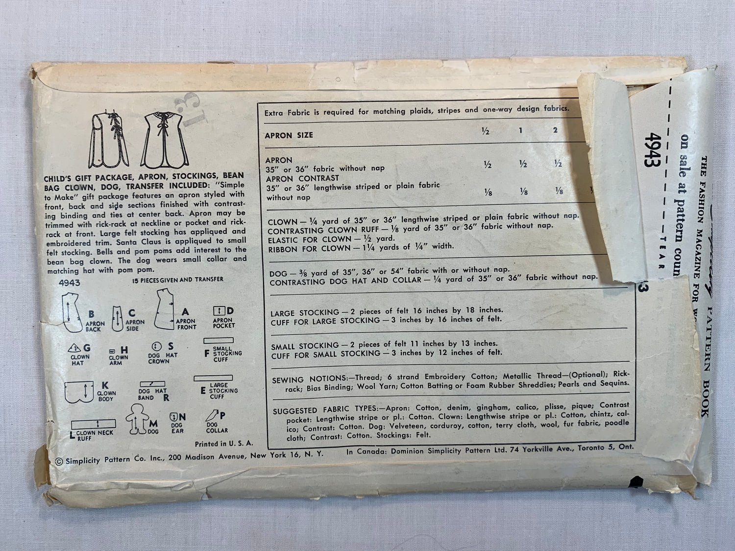 Simplicity Sewing Pattern 4943 Child's Aprons, Christmas Stockings, Bean Bag Clown/Puppy Stuffie, Size 1/2, Uncut, Vintage 1950