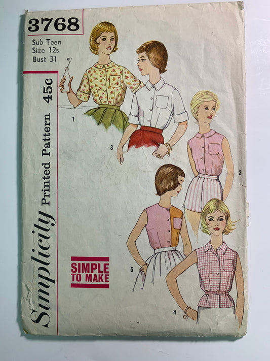 Simplicity Sewing Pattern 3768 Misses' Teen Blouse, Top, Shirt, Sleeveless, Short Sleeves, Size 12, Cut, Vintage 1960