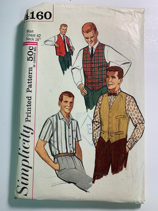Simplicity 4160 Men's Shirt, Reversible Vest, Size 42, Cut, Vintage 1960