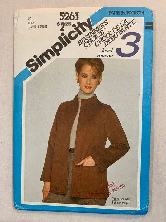 Simplicity Sewing Pattern 5263 Misses' Unlined Jacket, Raglan Long Sleeves, Pockets, Funnel Neck, Size 20, Uncut, Vintage 1981