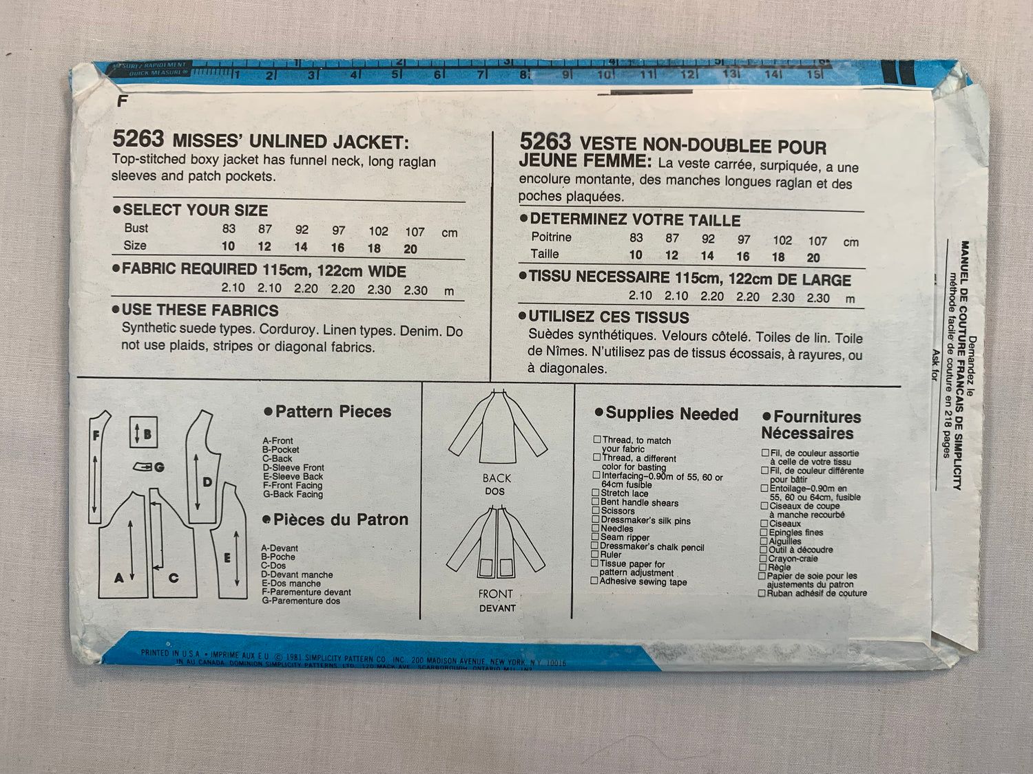 Simplicity Sewing Pattern 5263 Misses' Unlined Jacket, Raglan Long Sleeves, Pockets, Funnel Neck, Size 20, Uncut, Vintage 1981