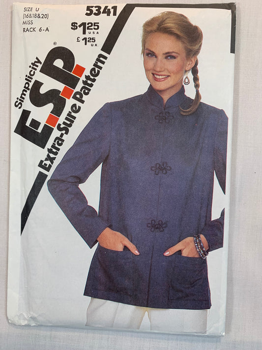 Simplicity Sewing Pattern 5341 Misses' Unlined Boxy Jacket, Mandarin Neck, Long Sleeves, Pockets, Side Slits, Frog Closures, Size 16-20, Uncut, Vintage 1981