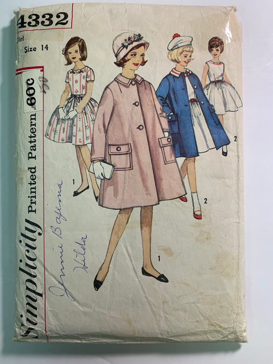 Simplicity 4332 Girls' Dress, Coat, Detachable Collar, Size 14, Cut, Vintage 1960