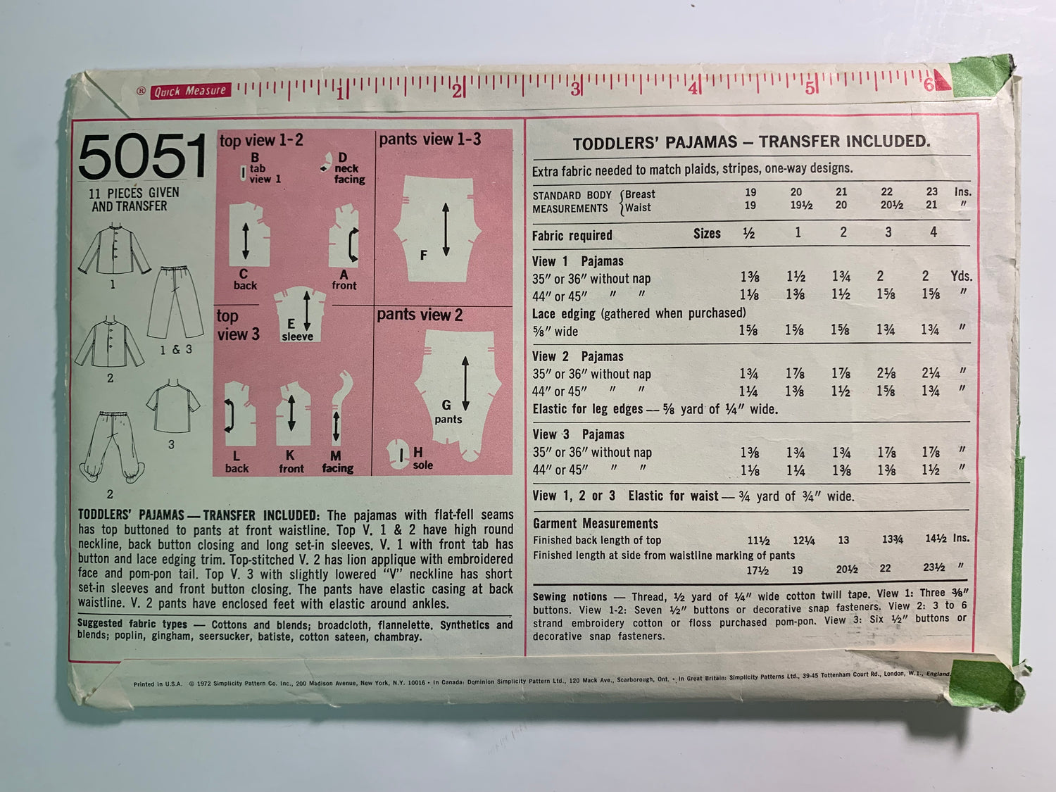 Simplicity 5051 Toddlers' Pajamas, Size 1, Cut, Vintage 1972