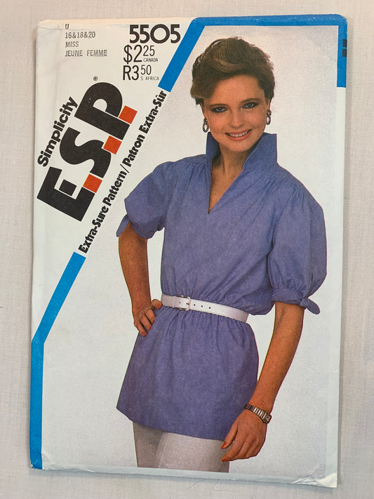 Simplicity Sewing Pattern 5505 Misses' Pullover Blouse, Slash Front, Wing Collar, Raglan Sleeves, Side Slits, Size 16-20, Uncut, Vintage 1982