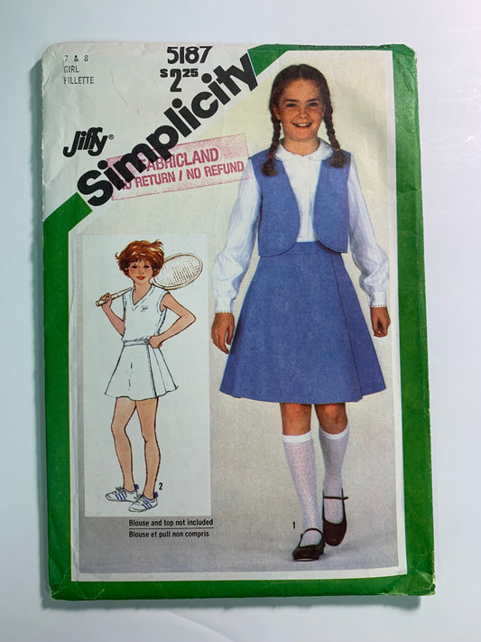 Simplicity 5187 Girls' Front Wrap Skirt, Vest, Size 7-8, Cut, Vintage 1981