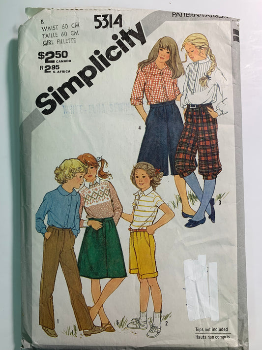 Simplicity 5314 Girls' Pants, Knickers, Bermudas, Culottes, Skirt, Size 9, Cut, Vintage 1981