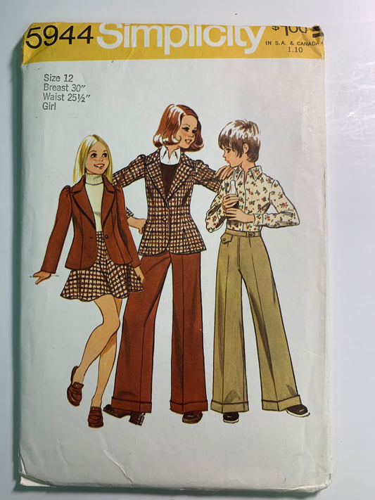 Simplicity 5944 Girls' Unlined Jacket, Short Skirt, Wide-Leg Pants, Size 12, Uncut, Vintage 1973