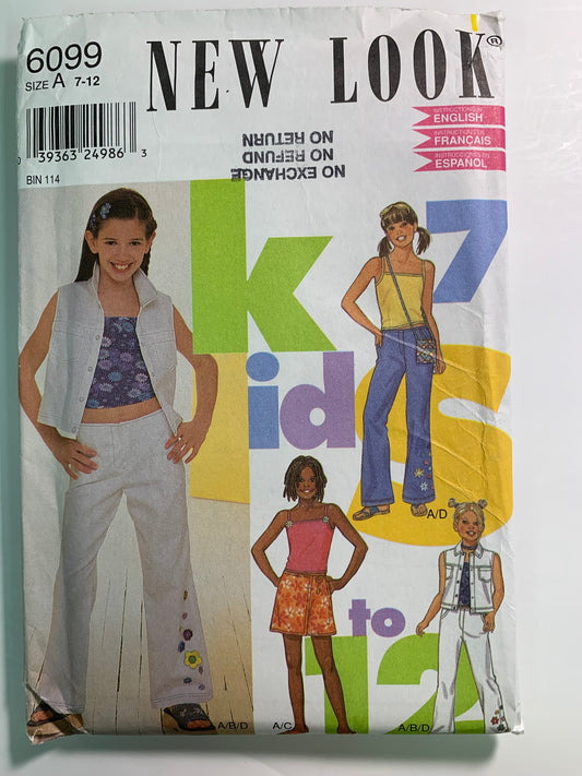 Simplicity New Look 6099 Girls' Vest, Top, Pants, Skirt, Size 7-12, Uncut, Vintage 1990