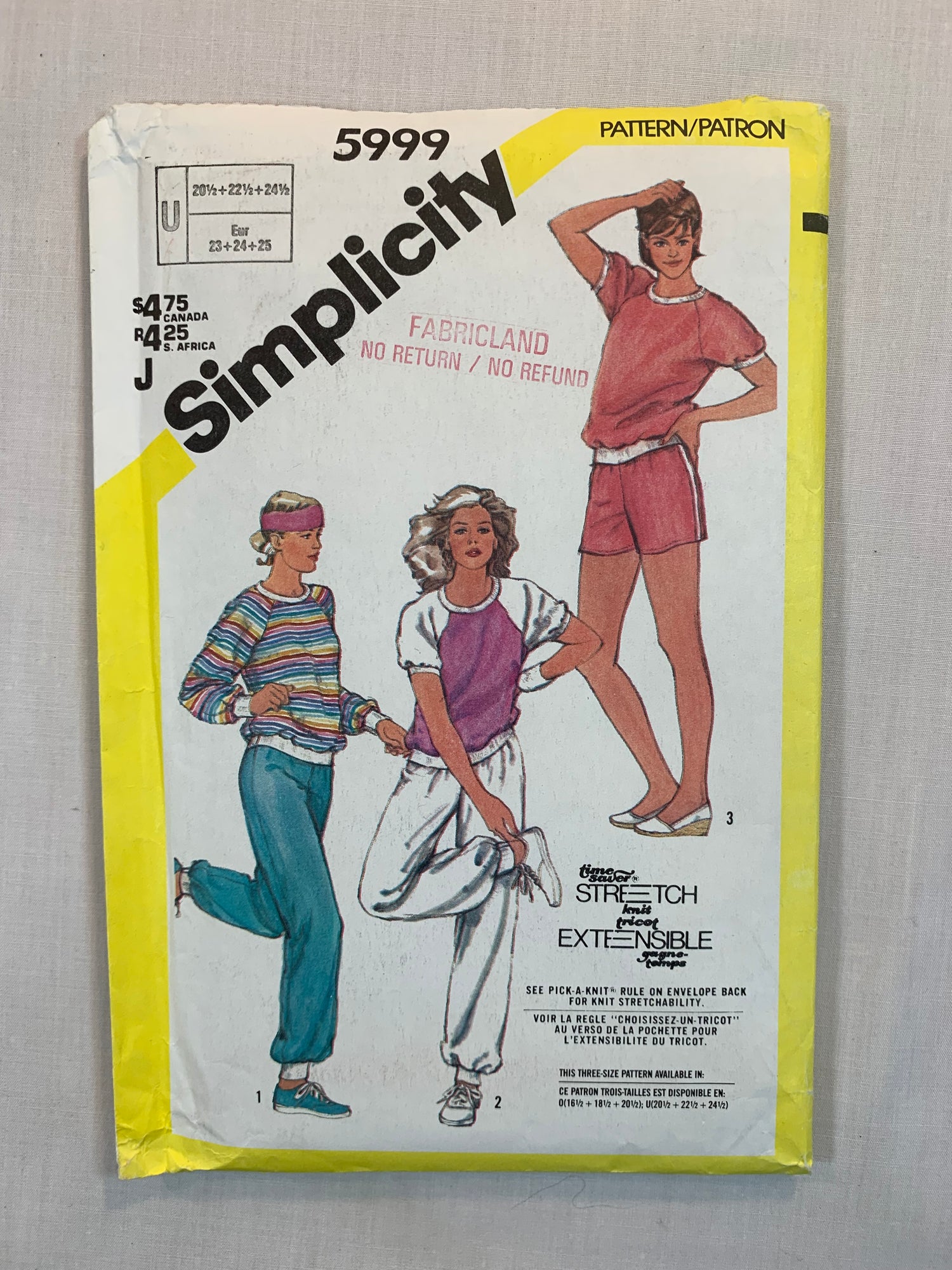 Simplicity Sewing Pattern 5999 Misses' Shorts, Pullover Tops, Pull-On Pants, Elastic Waist, Raglan Long/Short Sleeves, Size 20 1/2-24 1/2, Uncut, Vintage 1983