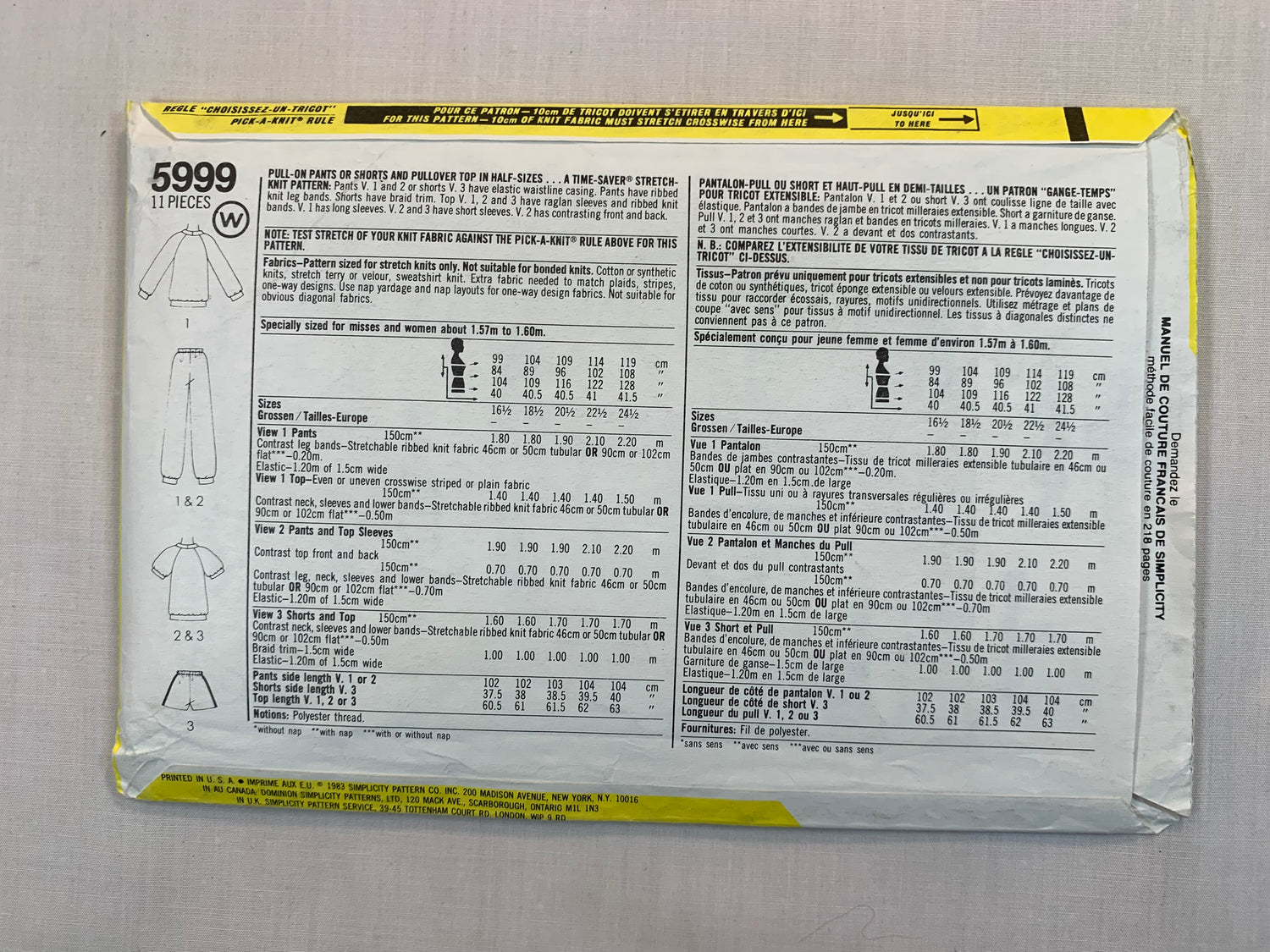 Simplicity Sewing Pattern 5999 Misses' Shorts, Pullover Tops, Pull-On Pants, Elastic Waist, Raglan Long/Short Sleeves, Size 20 1/2-24 1/2, Uncut, Vintage 1983