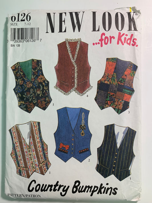 Simplicity New Look 6126 Girls' Vests, Size 7-12, Uncut, Vintage 1990