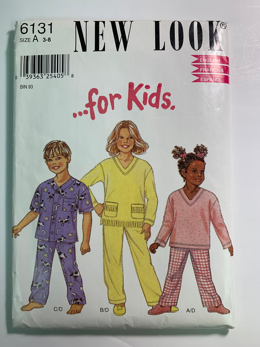 Simplicity New Look 6131 Boys'/Girls' Pajamas, Tops, Pants, Pockets, Button Front, Loungewear, Size 3-8, Uncut, 2001