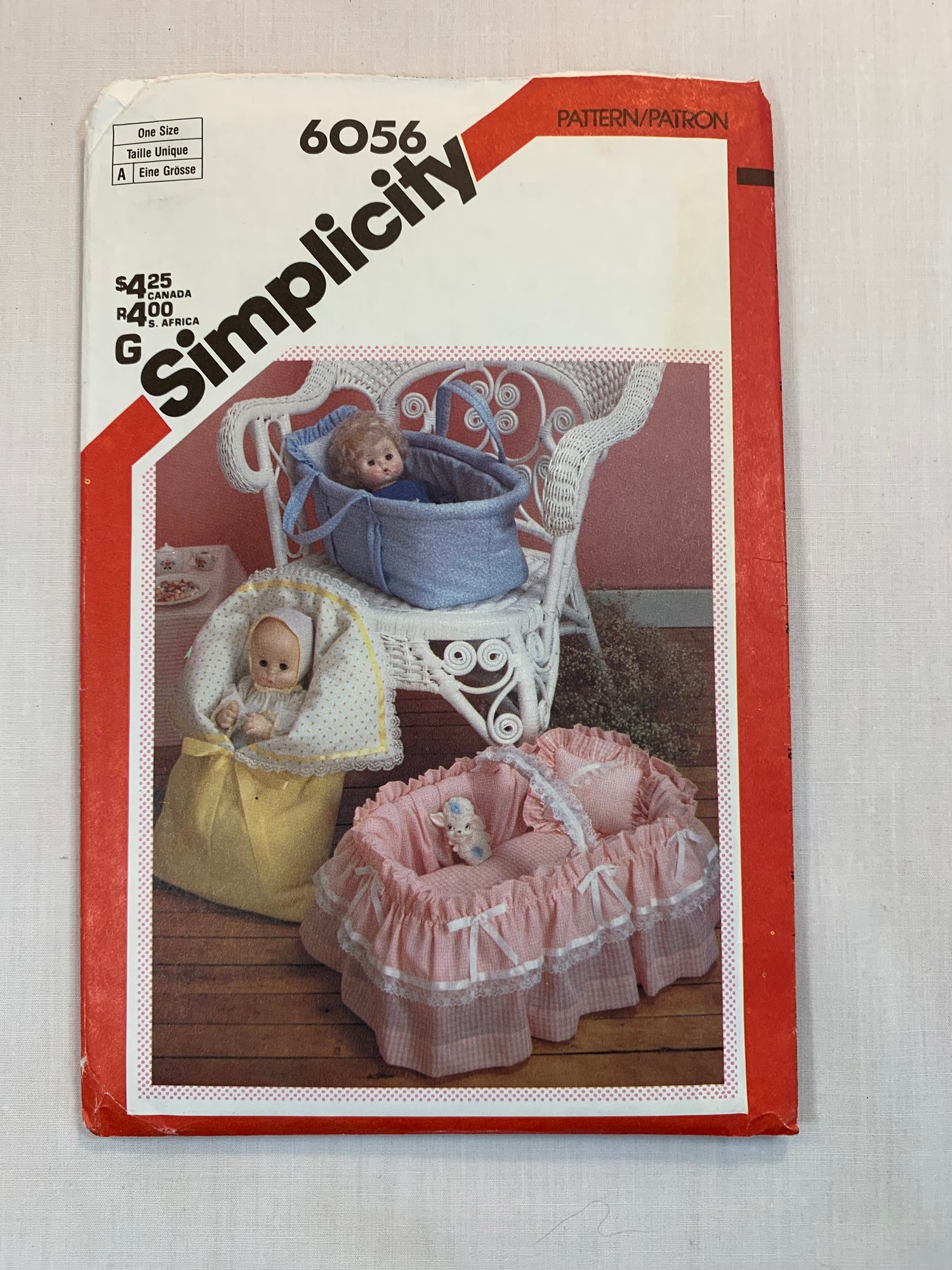 Simplicity Sewing Pattern 6056 Dolls' 18 Inch Carriers, Beds, Bassinets, Covered Basket, Bunting, Ruffles, Skirt, Mattress, Lace, Ribbon, One Size, Uncut, Vintage 1983