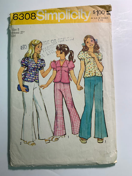 Simplicity Sewing Pattern 6308 Girls' Top, Bell-Bottom Pants, Short Puff Sleeves, Tie Back, Button Front, Elastic Waist, Size 8, Cut, Vintage 1974