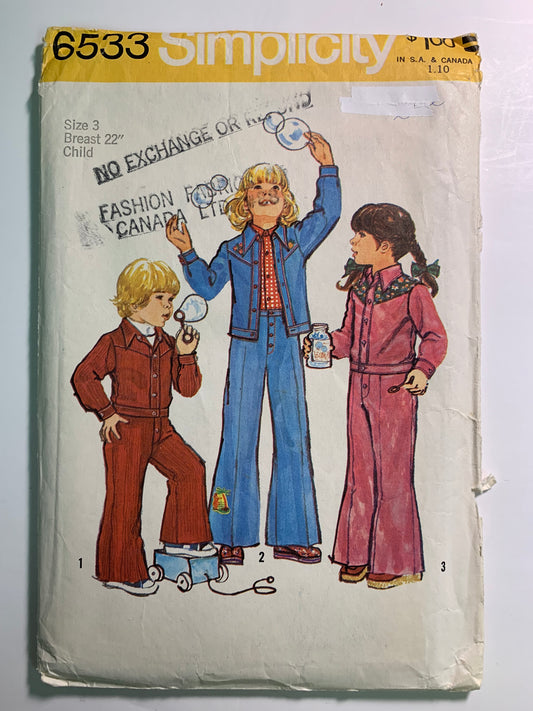 Simplicity 6533 Child's, Boys', Girls' Unlined Jacket, Bell-Bottom Pants. Size 3, Cut, Vintage 1974