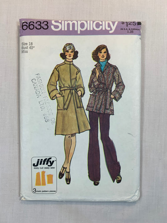 Simplicity Jiffy Sewing Pattern 6633 Misses' Unlined Front-Wrap Coat, Two Lengths, Extended Shoulders, Pockets, Size 18, Uncut, Vintage 1974