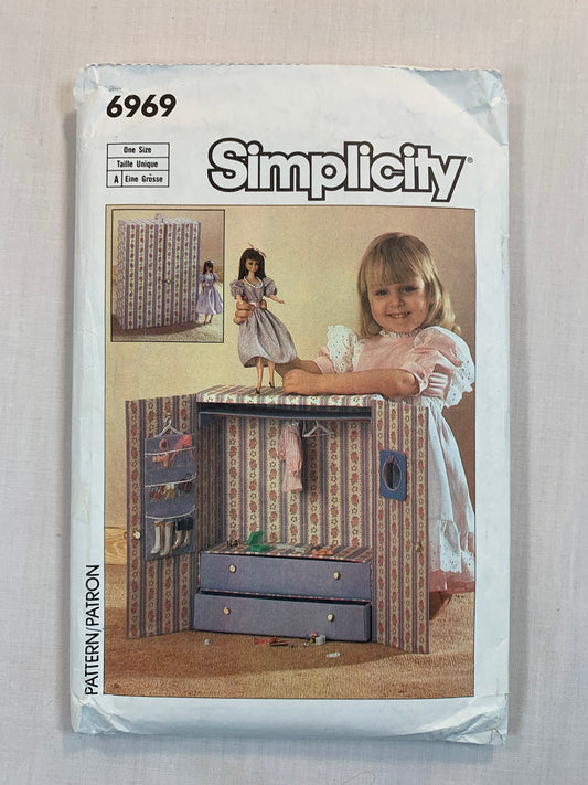 Simplicity Sewing Pattern 6969 Portable Closet, Wardrobe, Accessories, One Size, 11-12 Inch Fashion Dolls, Drawers, Shelves, Door, Handles, Vintage 1985