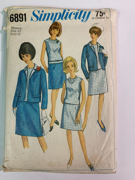 Simplicity 6891 Misses' Jacket, Blouse, Skirt, Size 42, Cut, Vintage 1966
