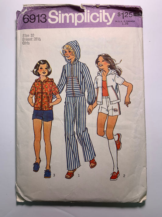 Simplicity 6913 Girls' Pants, Shorts, Hooded Unlined Jacket, Size 10, Cut, Vintage 1975