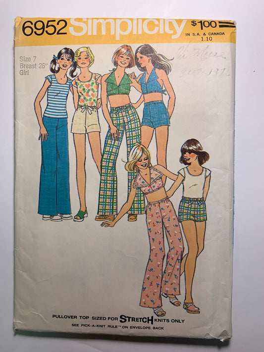 Simplicity 6952 Girls' Pants, Shorts, Top, Halter, Size 7, Cut, Vintage 1975