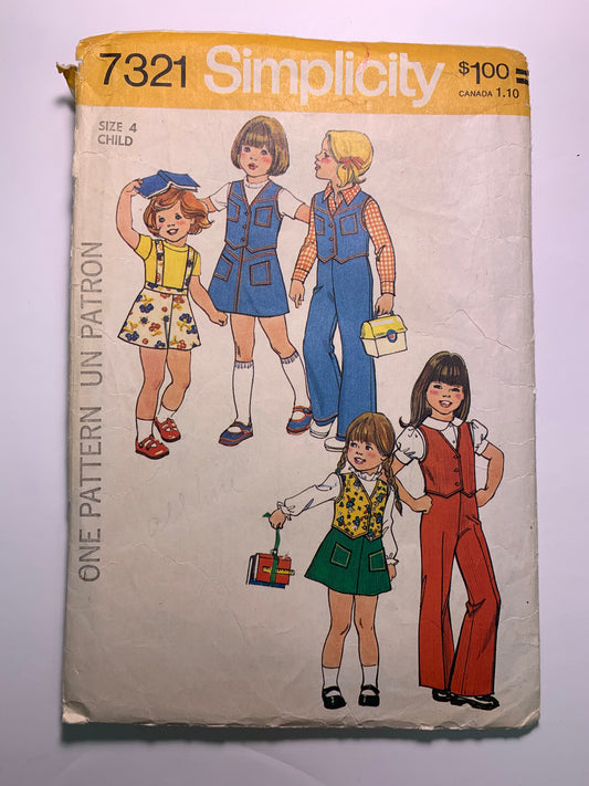 Simplicity 7321 Child's Vest, Skirt, Pants, Detachable Suspenders, Size 4, Cut, Vintage 1975