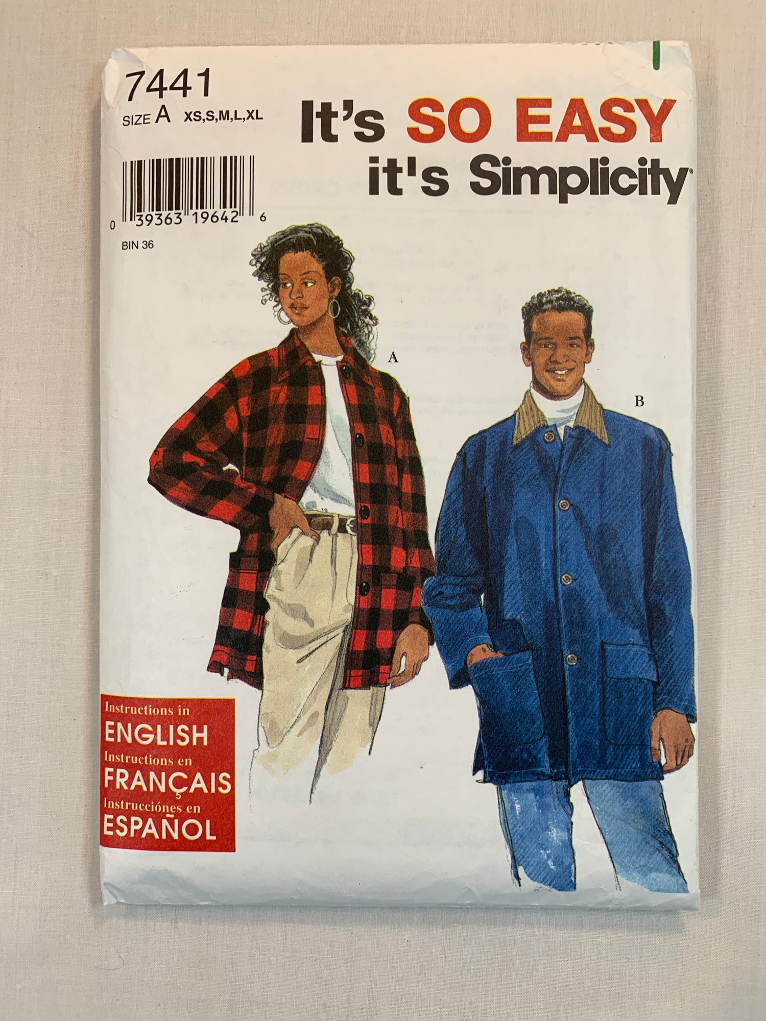 Simplicity Sewing Pattern 7441 Misses'/Men's/Teens Jacket, Pockets, Button Front, Collar, Long Sleeves, Size 30-48, Uncut, Vintage 1996