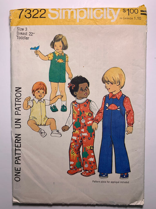 Simplicity 7322 Toddlers' Jumpsuit, Shirt, Size 3, Cut, Vintage 1975