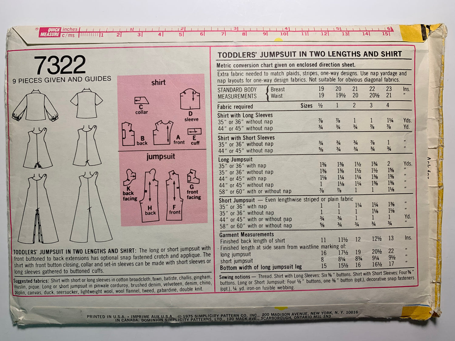 Simplicity 7322 Toddlers' Jumpsuit, Shirt, Size 3, Cut, Vintage 1975