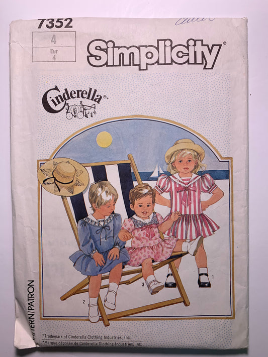 Simplicity 7352 Toddlers' Dress, Size 4, Cut, Vintage 1986