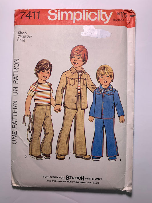 Simplicity 7411 Child's Boy's Unlined Shirt-Jacket, Top, Bell Bottom Pants, Size 5, Cut, Vintage 1976