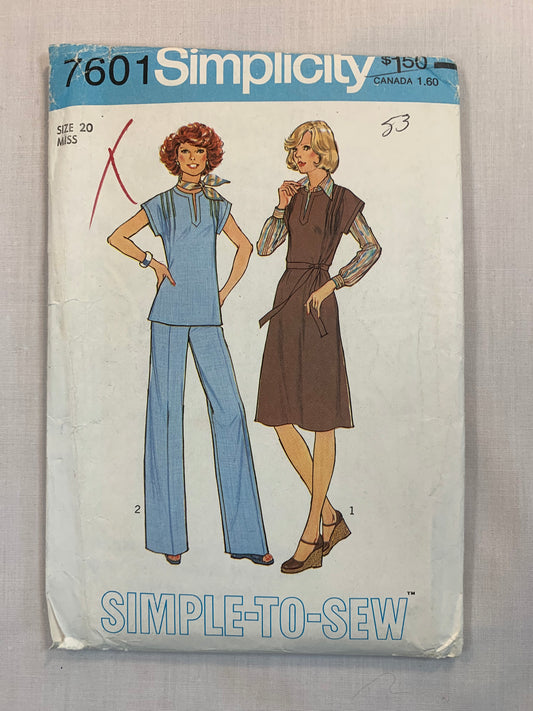 Simplicity Sewing Pattern 7601 Misses' Pullover Dress. Jumper, Top, Pants, Short Kimono Sleeves, Tie Belt, Zipper Back, Size 7-10, Uncut, Vintage 1976