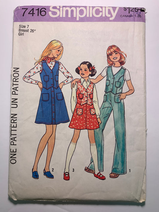 Simplicity 7416 Girls' Vest, Pants, Skirt, Size 7, Cut, Vintage 1976