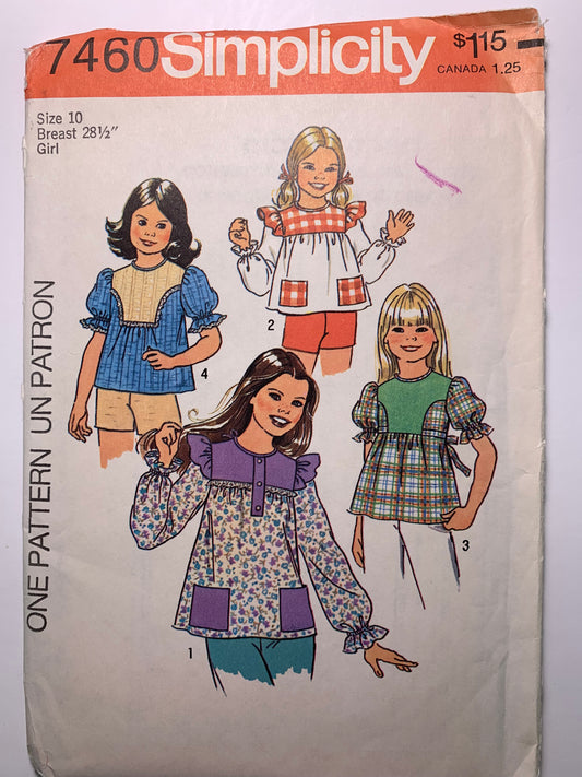 Simplicity 7460 Girls' Tops, Size 10, Cut, Vintage 1976