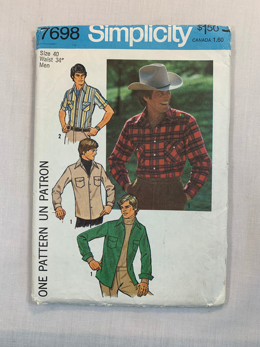 Simplicity Sewing Pattern 7698 Men's, Shirts, Long/Short Sleeves, Pocket, Collar, Button/Snap Front, Cuffs, Size 40, Uncut, Vintage 1976