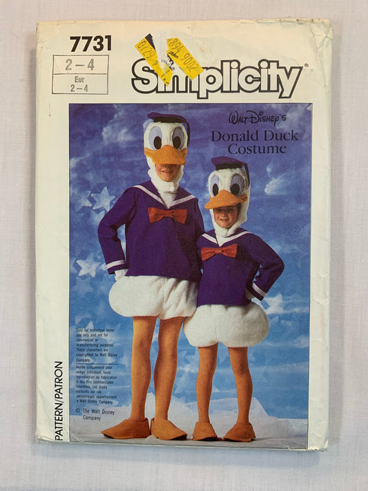 Simplicity Sewing Pattern 7731, Girls'/Boy's, Costumes, Halloween, Donald Duck, Size 2-4, Uncut, Vintage 1986