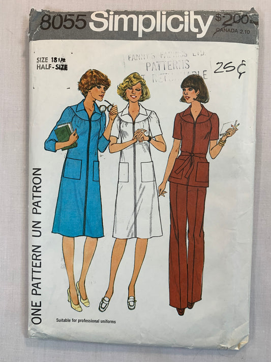 Simplicity Sewing Pattern 8055 Misses' Dress, Top, Pants, Front Zipper, Pockets, Long/Short Raglan Sleeves, Half Sizes, Size 18 1/2, Uncut, Vintage 1977