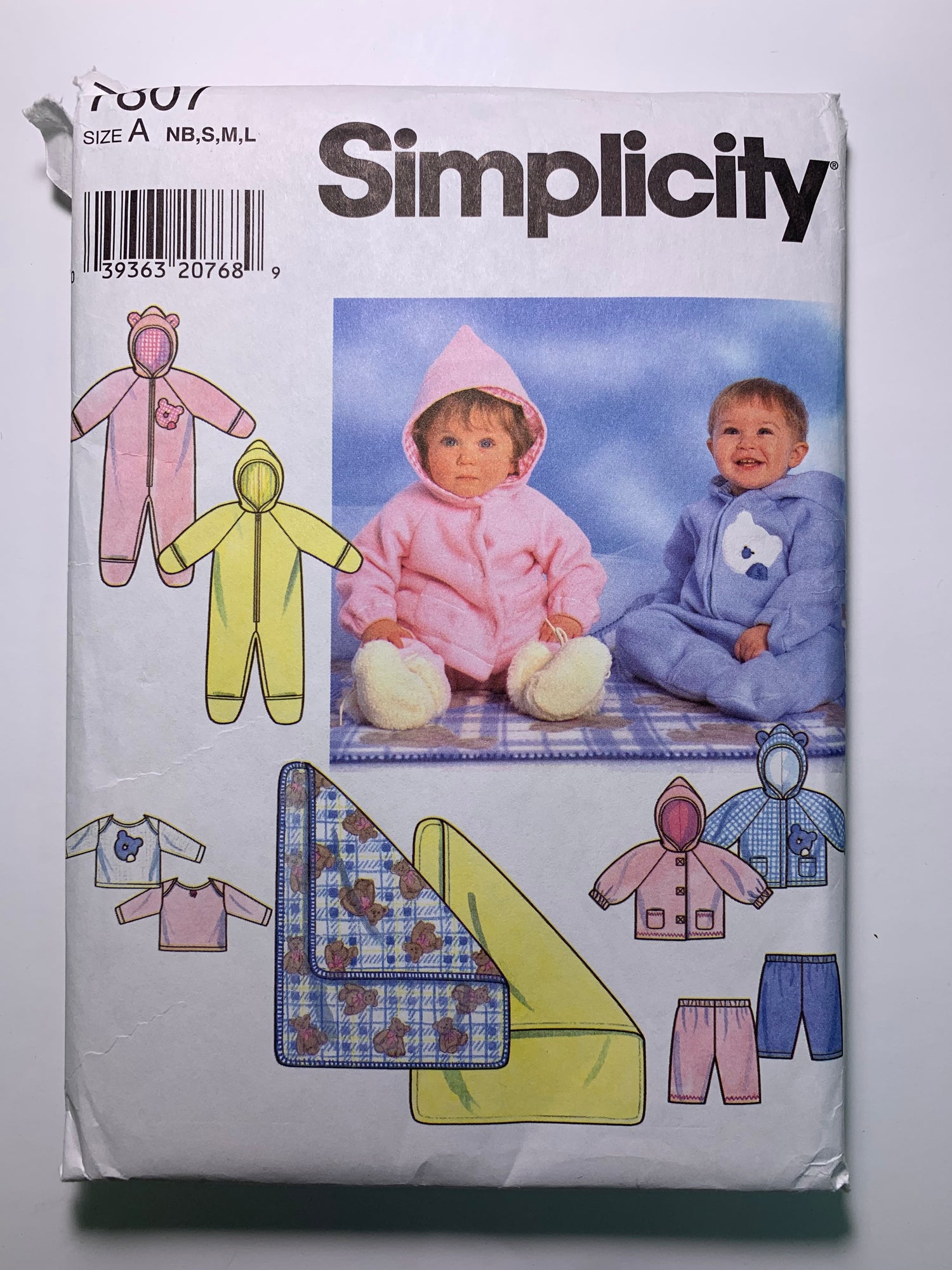 Simplicity Sewing Pattern 7807 Babies, Romper, Jacket, Pants, Blanket, Knit Top, Long Raglan Sleeves, Zipper Front, Mittens, Bootees, Hood, Size 7-24 Lbs, Cut, Vintage 1997