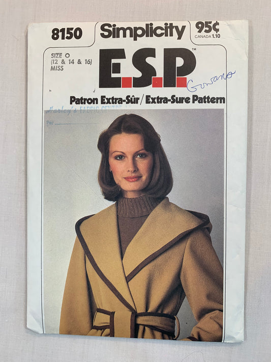 Simplicity Sewing Pattern 8150 Misses' Unlined Hooded Jacket, Front Wrap, Pocket, Tie Belt, Long Sleeves, Size 12-16, Uncut, Vintage 1977