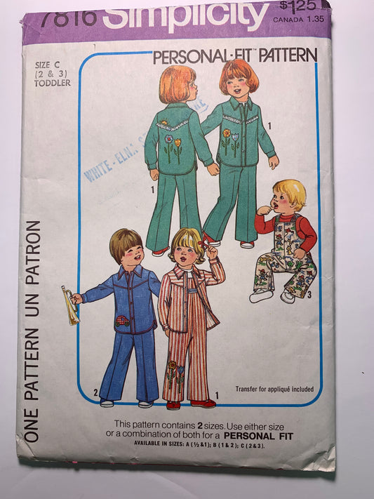 Simplicity 7816 Toddlers' Coveralls, Shirt, Size 2-3, Cut, Vintage 1976